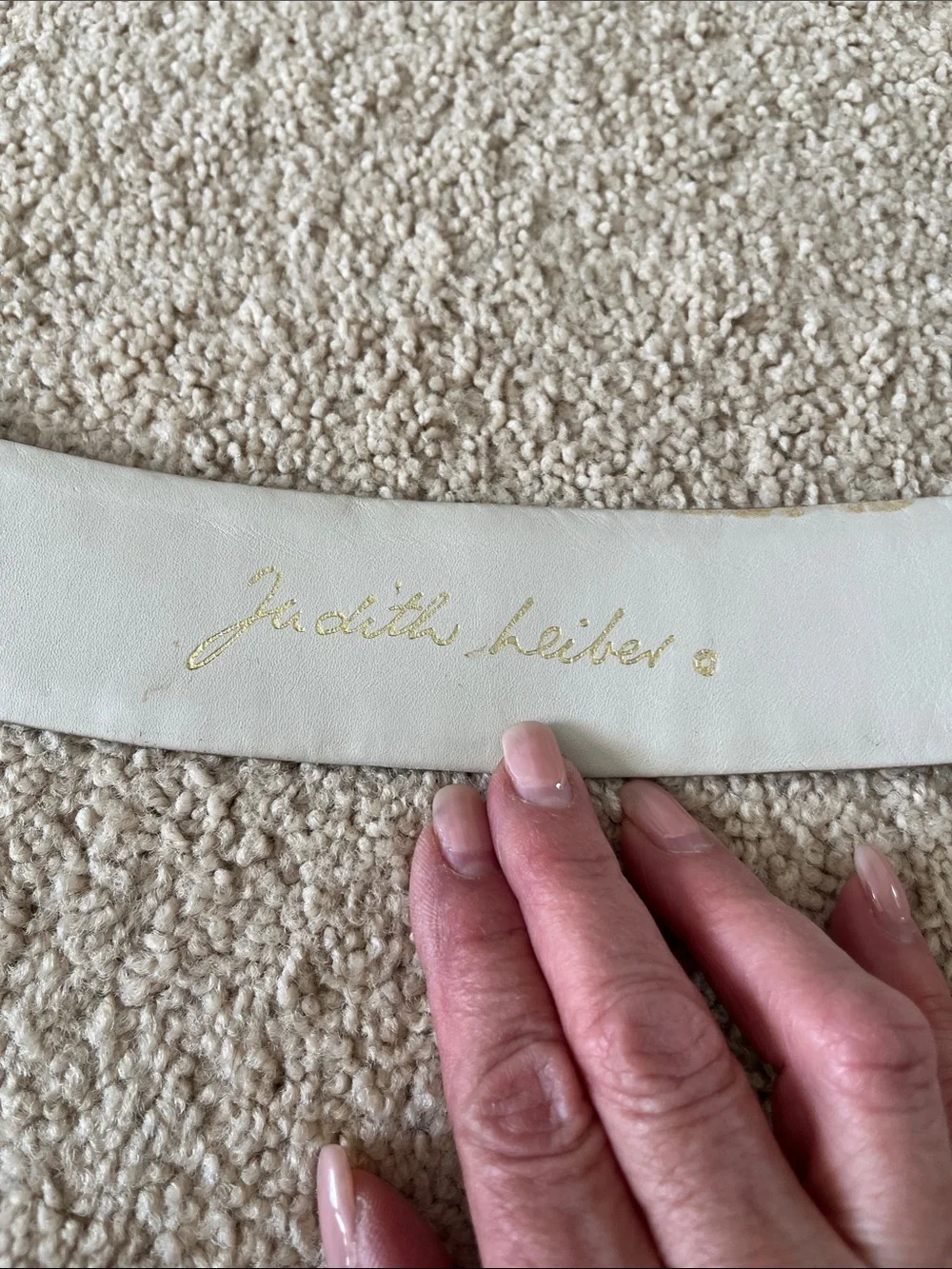 Judith Leiber Cream Leather Signature Belt with Gold Script